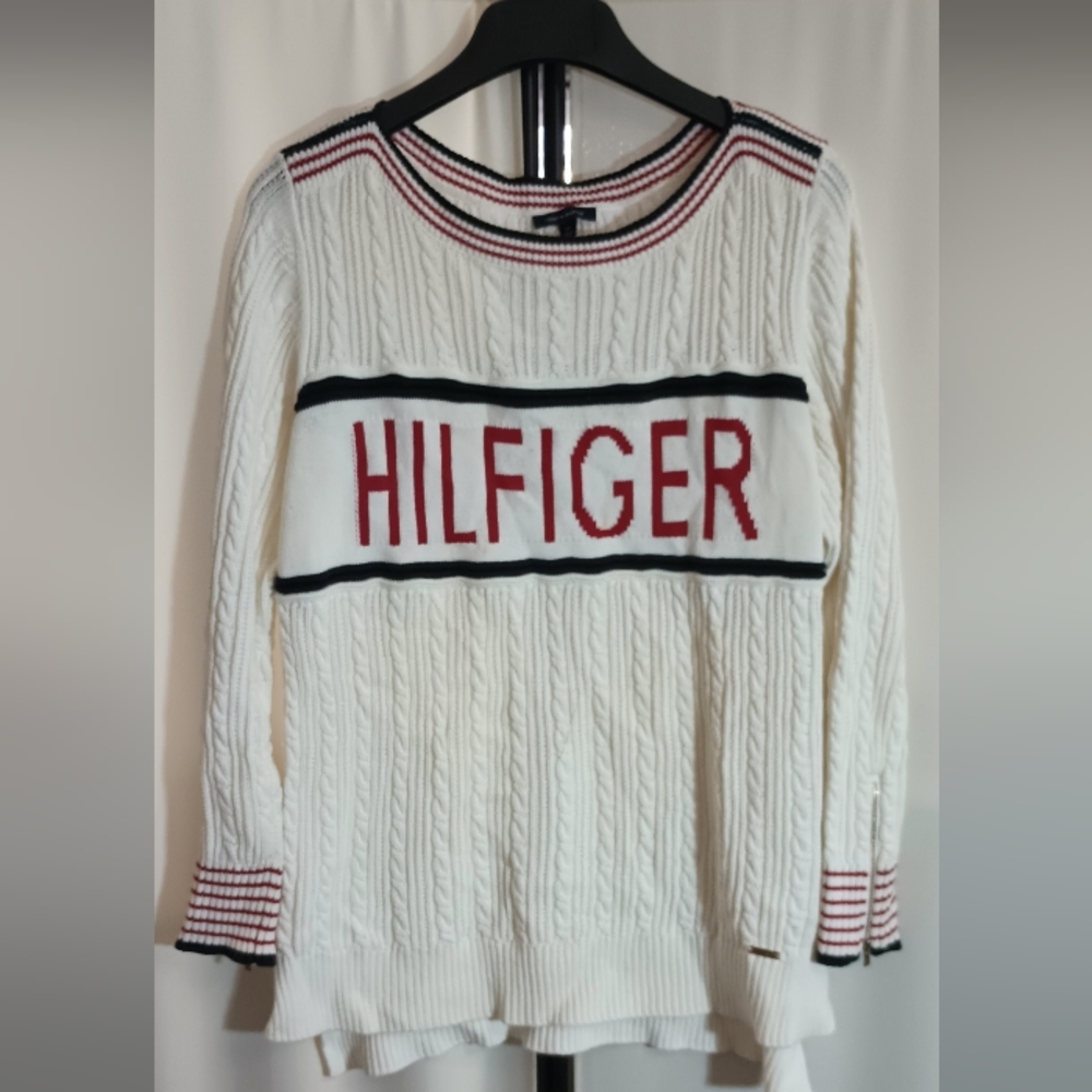 Tommy Hilfiger Sweater Women's Large White Cable-Knit Pullover Cotton Ribbed Hem